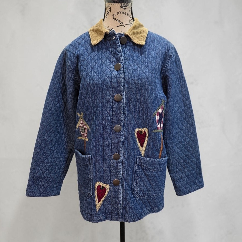 Vintage HAIK'S Quilted Denim Jacket Womens Small Patchwork Cottagecore